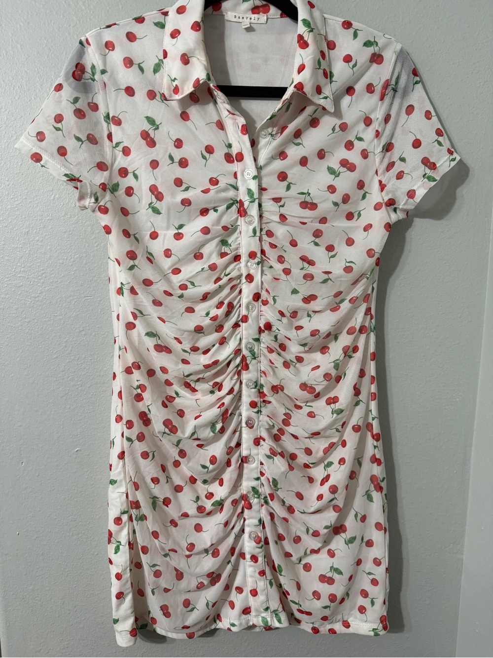 BaeVely Trendy Cute Cherry Print Ruched Button Front Dress Sheer Sleeves L